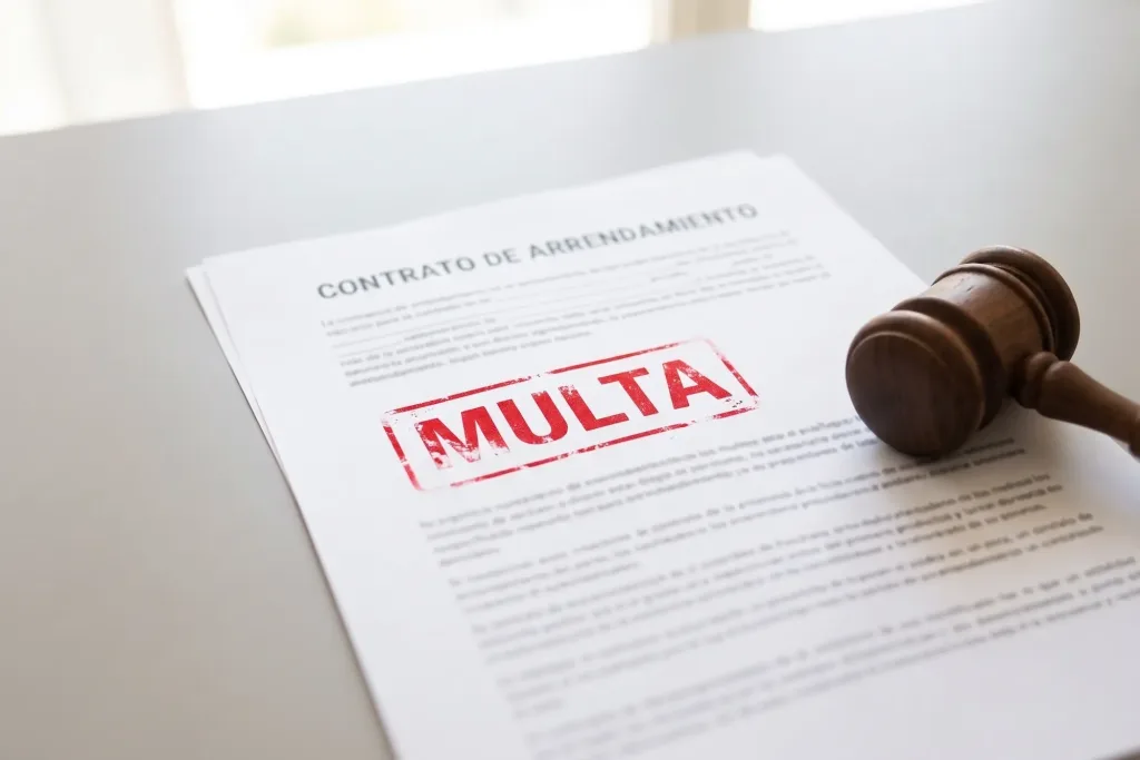 Alquiler Seguro, sancionada por Consumo: qué mirar antes de contratar una gestora 1 Sello de multa sobre un contrato de arrendamiento en una mesa lisa, ilustrando la sanción de Consumo a Alquiler Seguro