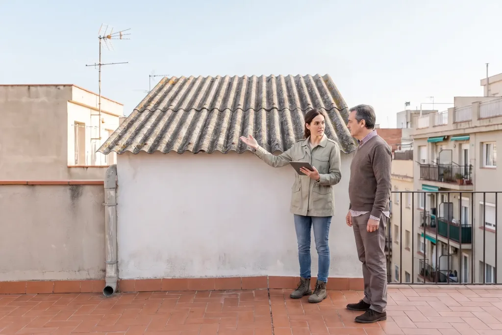 Certificado de amianto para alquilar en Cataluña: qué exige la ley desde el 3 de octubre 1 Técnica revisando con un propietario la cubierta de uralita de una caseta en la azotea de un edificio de Barcelona