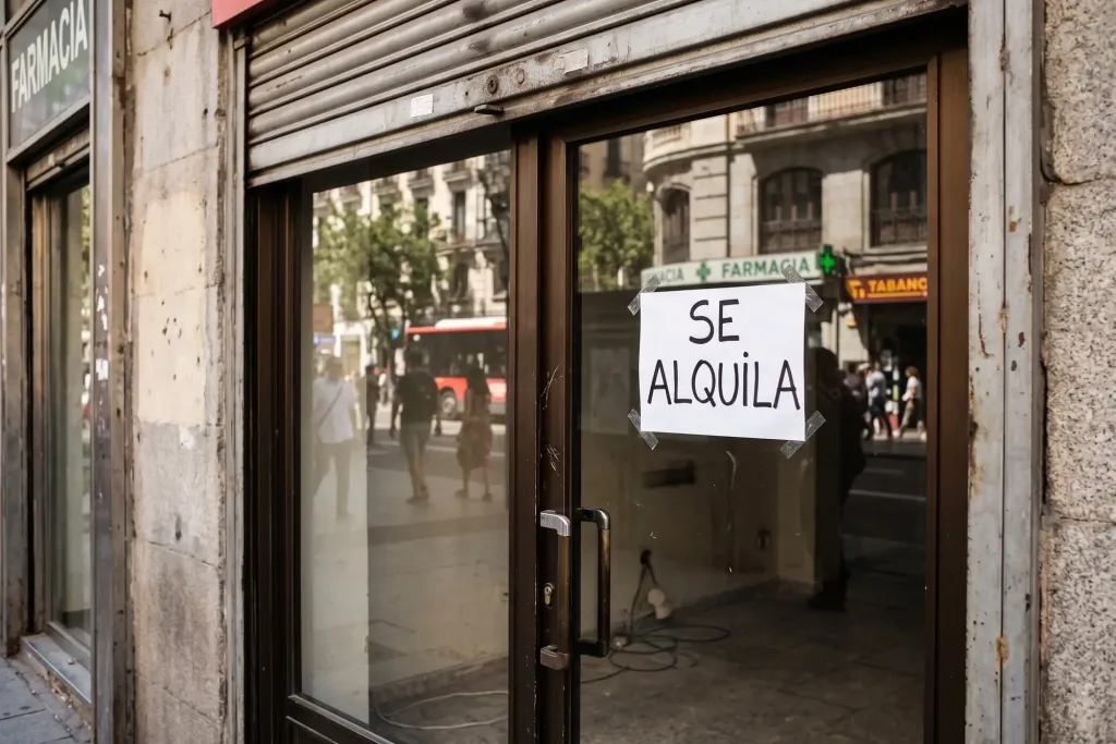 Desistimiento anticipado en el alquiler de un local 1 Puerta de un local comercial con un cartel de "se alquila" tras el desistimiento anticipado del contrato de alquiler