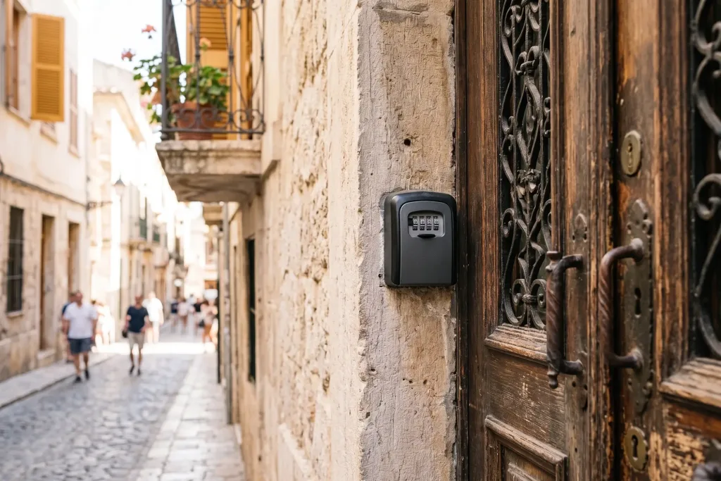 Ley de vivienda asequible de la UE: qué cambia 1 Caja de llaves de alquiler turístico en la puerta de un edificio europeo, ley de vivienda asequible de la UE