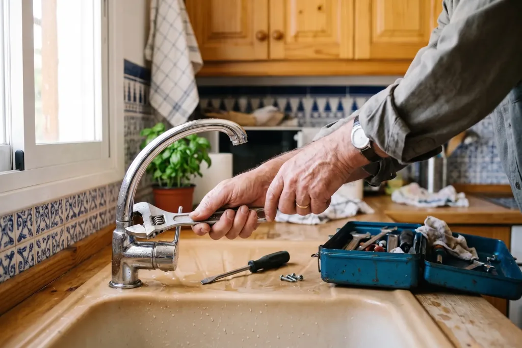 Mantenimiento de la vivienda en alquiler: guía completa para propietarios 1 Reparación de un grifo de cocina con herramientas, ejemplo de mantenimiento de la vivienda en alquiler