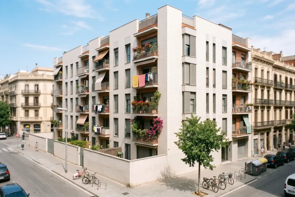 Precio máximo del alquiler de una VPO en Cataluña: cómo calcularlo 1 Bloque de vivienda de protección oficial en Barcelona, con balcones y ropa tendida, ilustrando el precio máximo del alquiler de una VPO en Cataluña